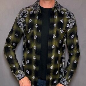 AMIRI Bandana Flannel Long Sleeve Shirt Olive Plaid Paisley‎ Medium